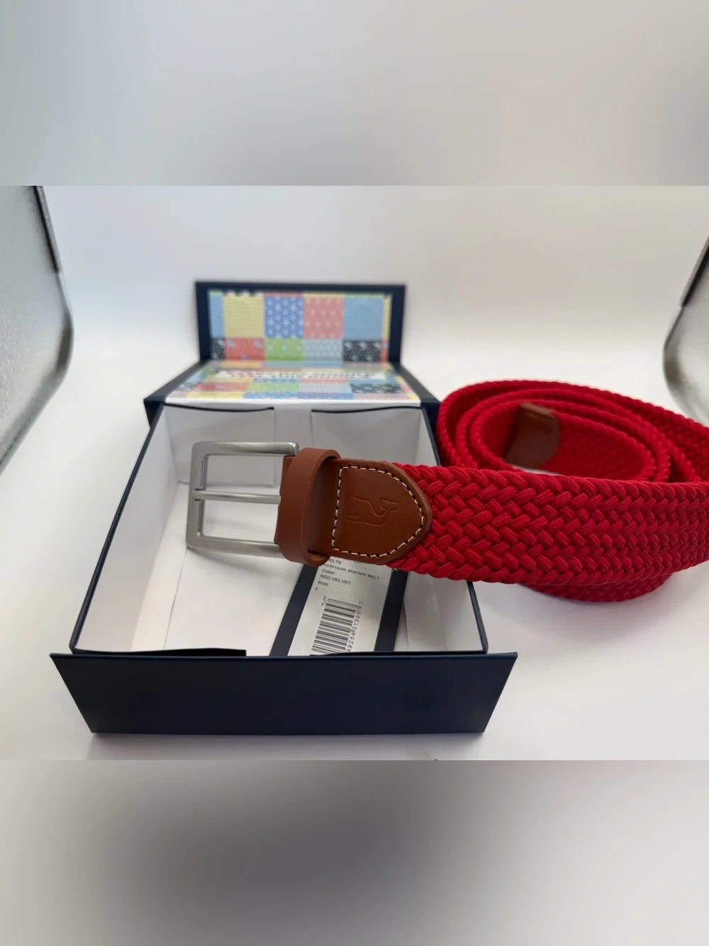Mens Vineyard Vines Stretch Braided Belt, Red w Brown Leather, Size Large, NIB